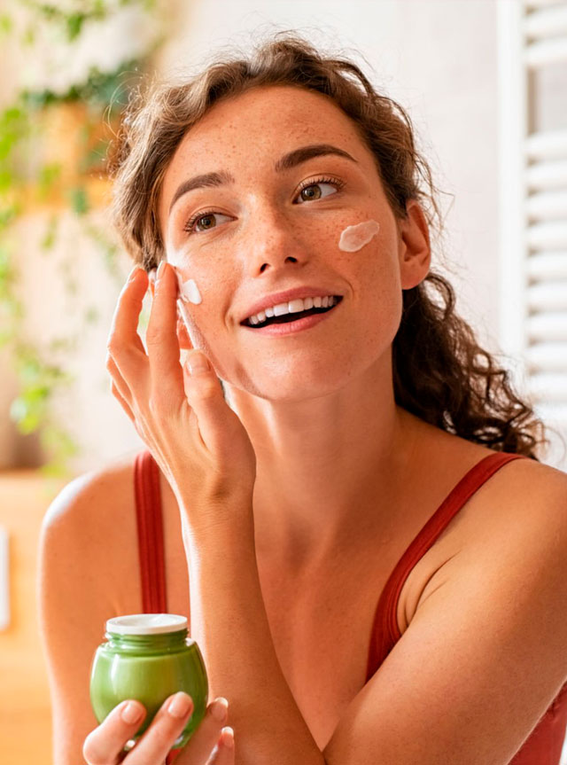 Rostro femenino utilizando un cosmético